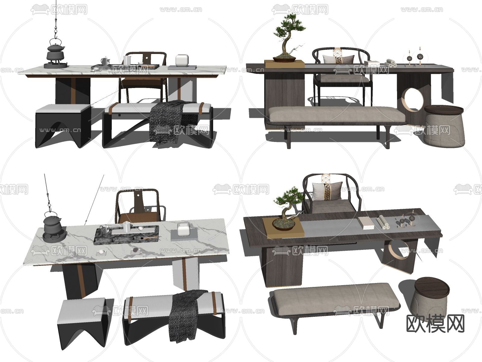 新中式茶桌椅书桌椅su模型下载（渲染图2）