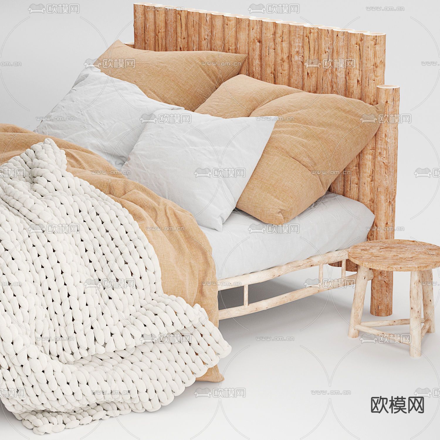 自然风实木双人床3d模型下载（渲染图3）