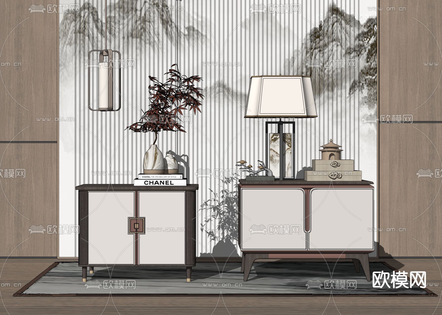 新中式床头柜su模型下载（渲染图2）