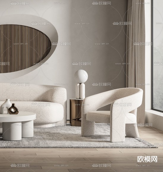 侘寂布艺弧形沙发组合3d模型下载(渲染图2)
