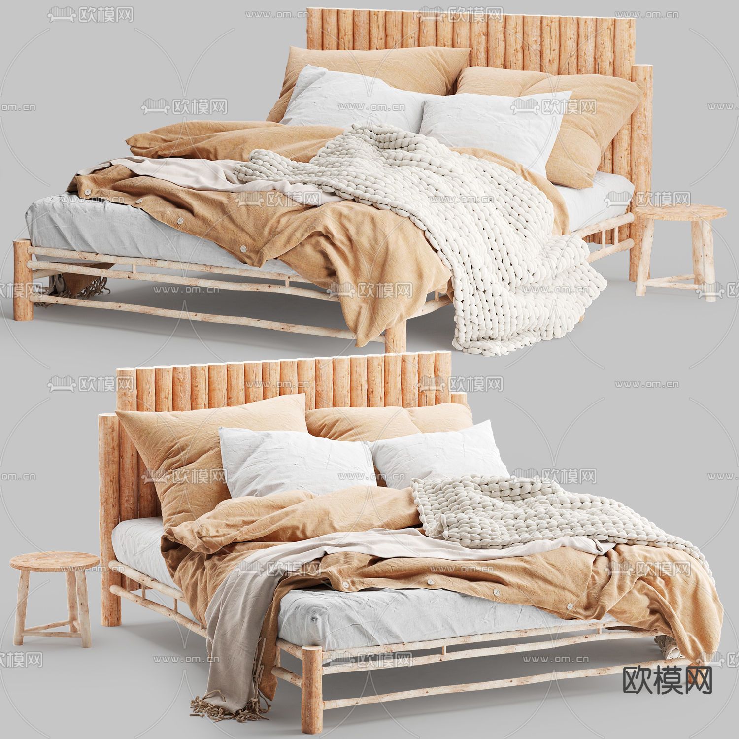 自然风实木双人床3d模型下载（渲染图1）