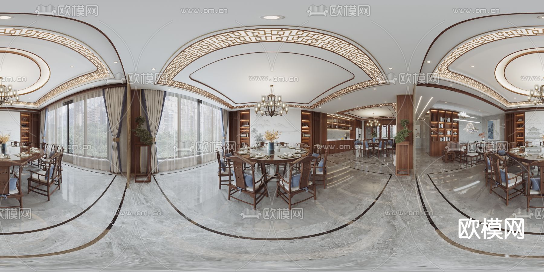 新中式餐厅包房cr全景3d模型-免费3dmax模型库-欧模网