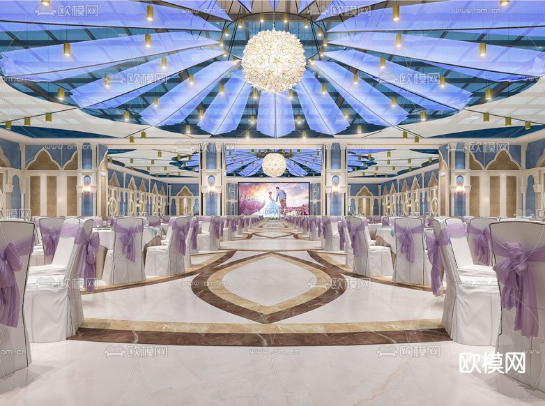 现代酒店婚礼宴会厅3d模型下载(渲染图1)