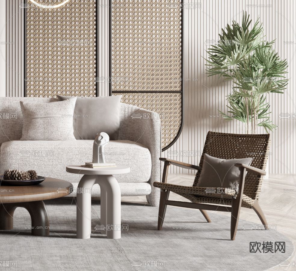 侘寂布艺沙发组合3d模型下载（渲染图3）