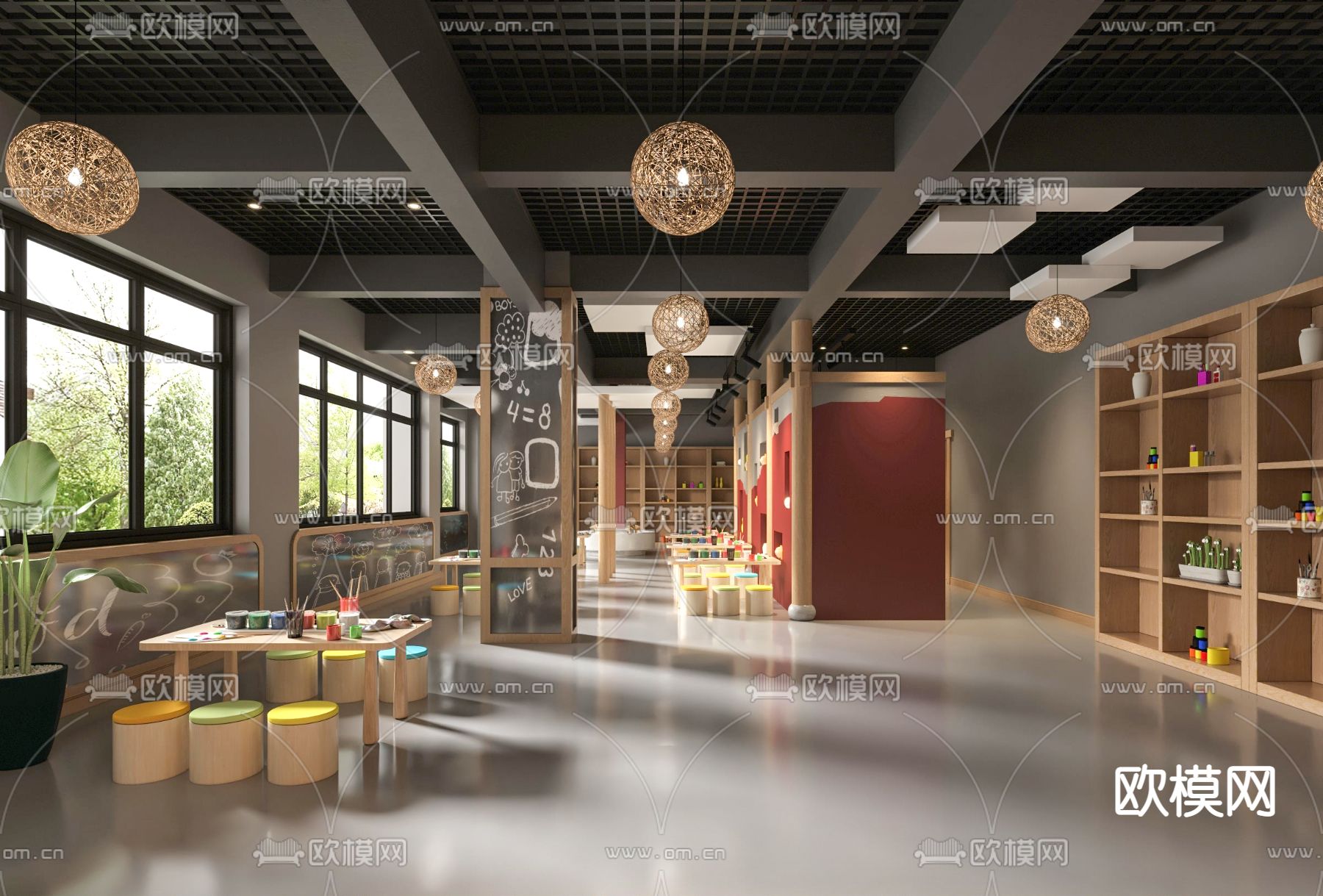 现代幼儿园美术室su模型下载（渲染图1）