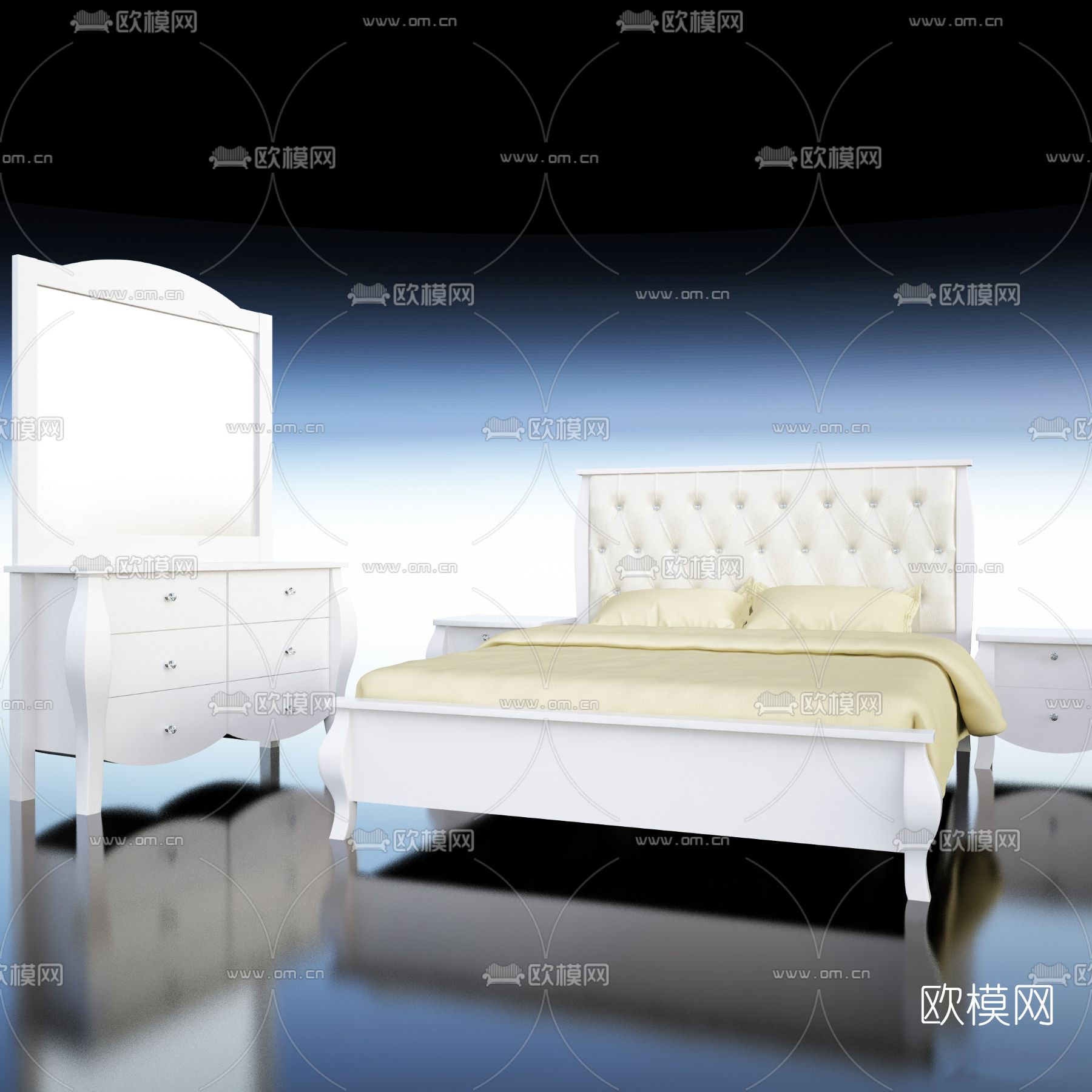 简欧布艺双人床免费3d模型下载