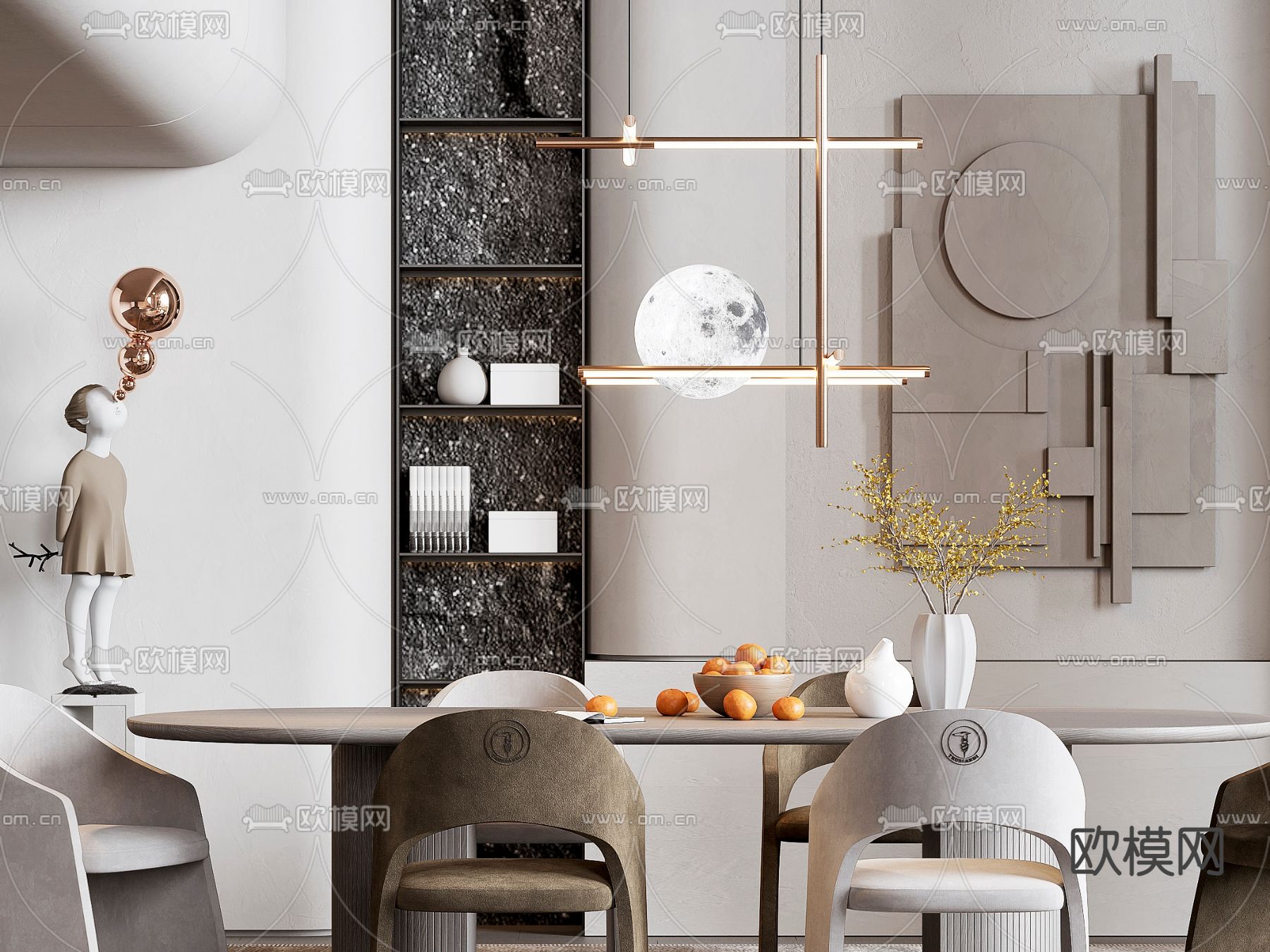 侘寂实木餐桌椅3d模型下载（渲染图2）