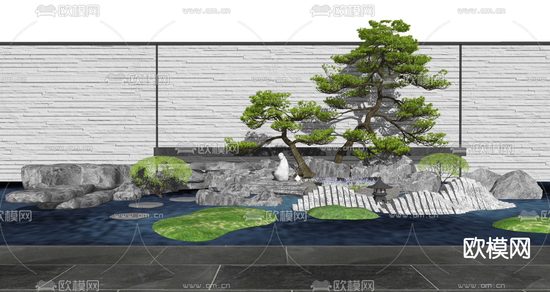 新中式假山水景su模型