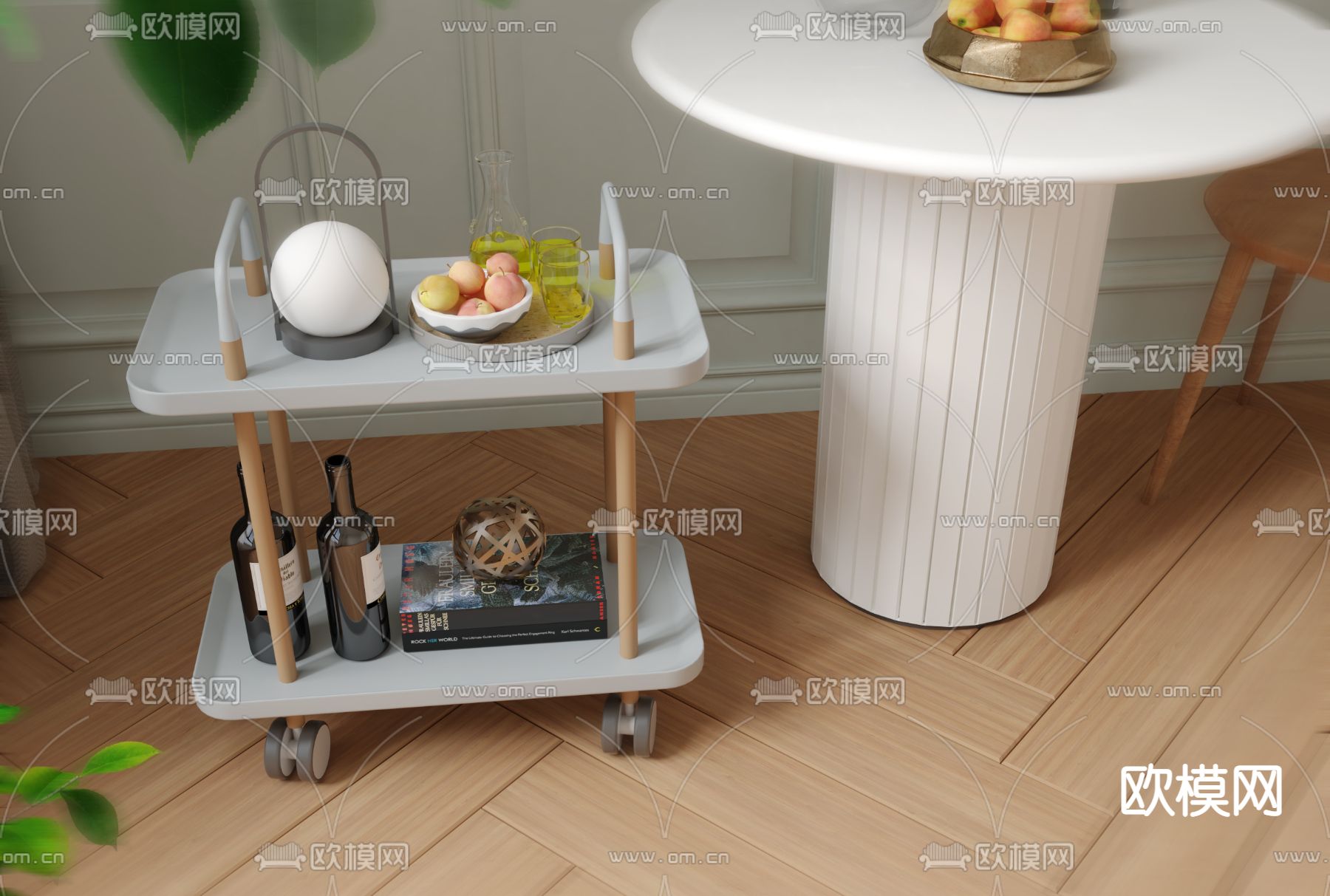 北欧实木手推餐车3d模型下载（渲染图2）