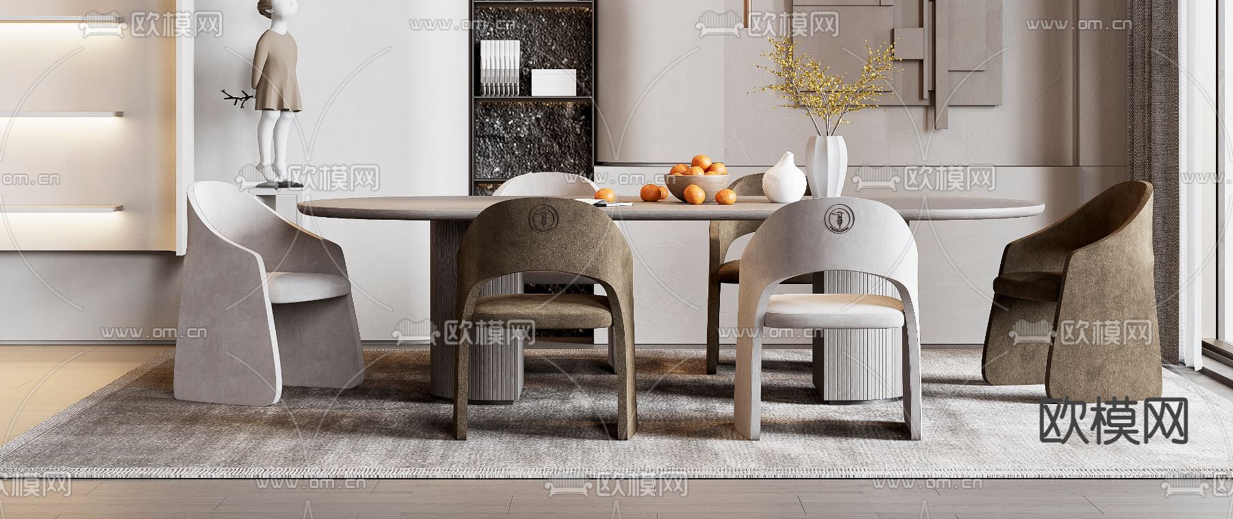 侘寂实木餐桌椅3d模型下载（渲染图3）