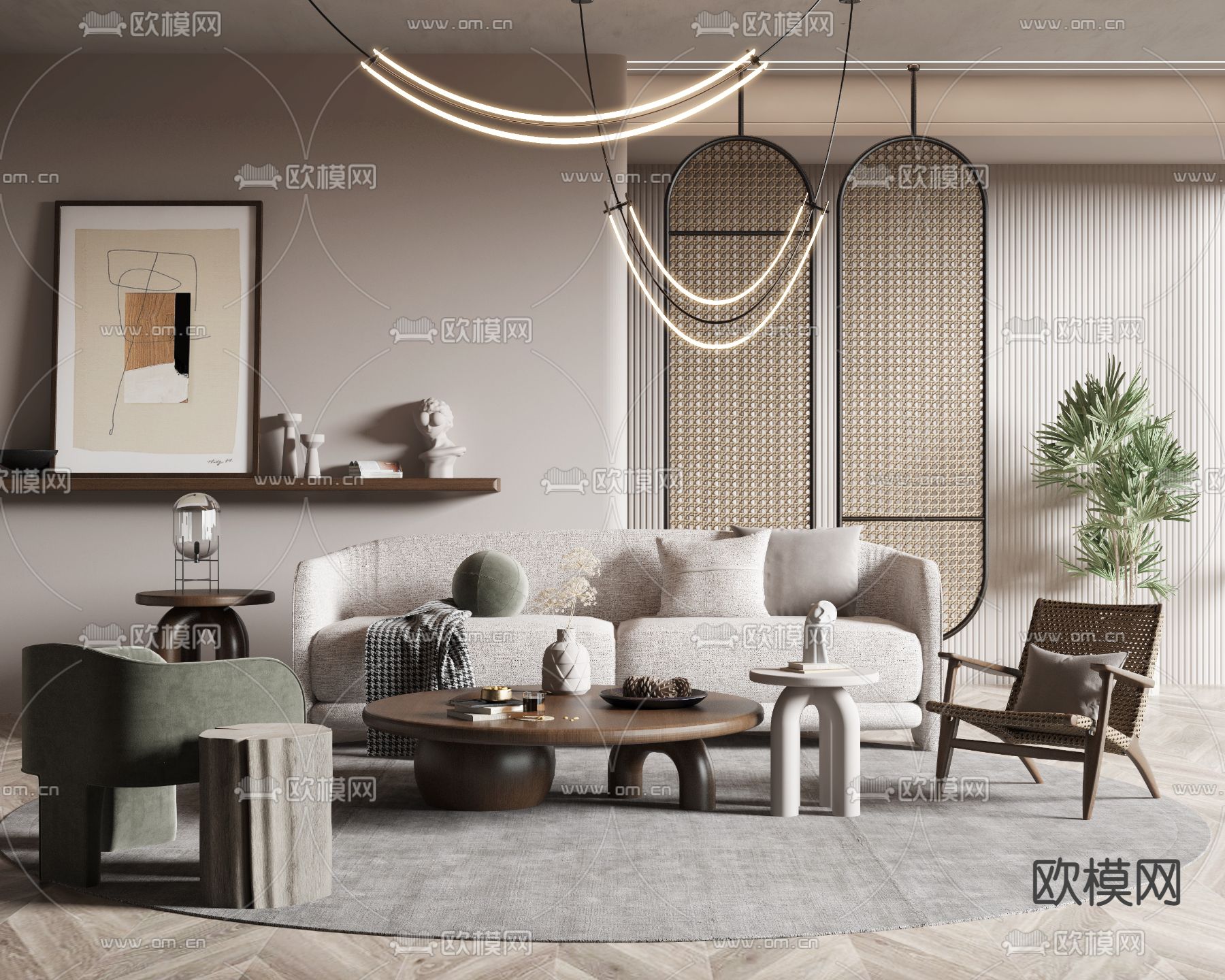 侘寂布艺沙发组合3d模型下载（渲染图1）