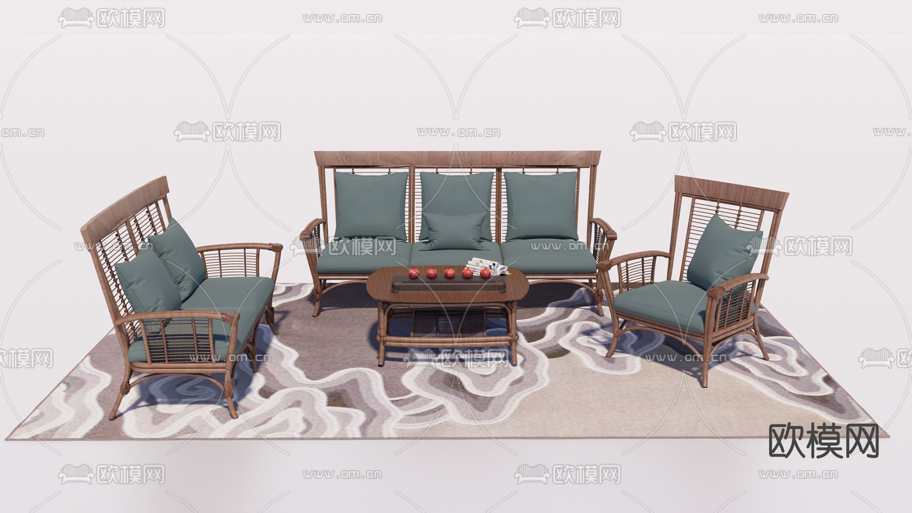 新中式实木沙发组合su模型下载（渲染图1）
