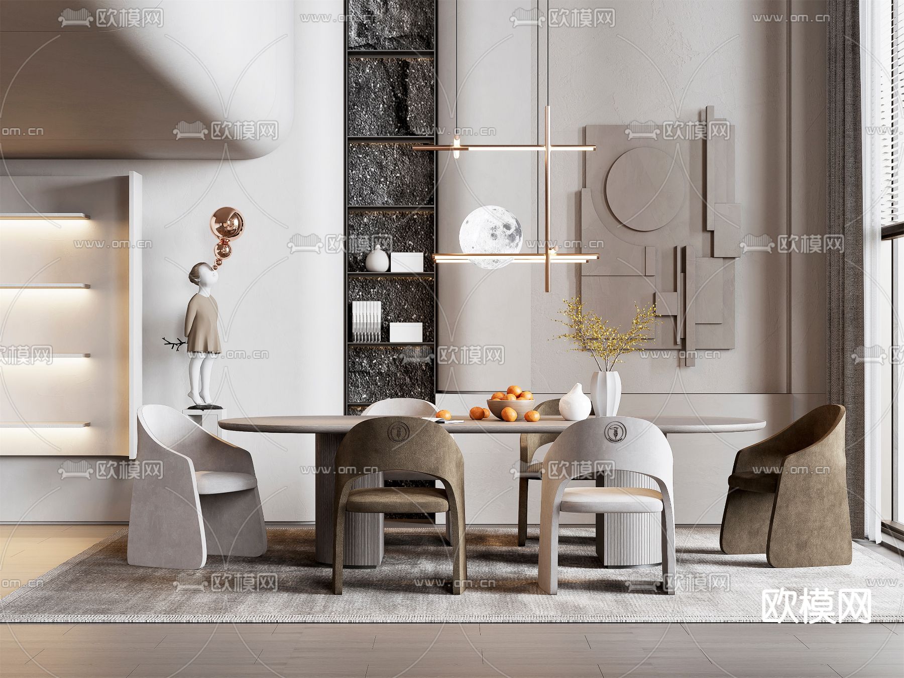 侘寂实木餐桌椅3d模型下载（渲染图1）