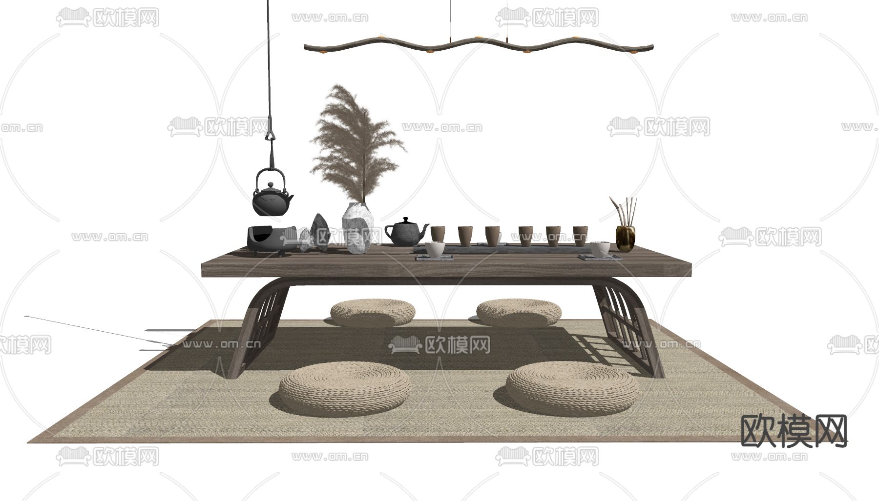 新中式榻榻米茶台su模型下载（渲染图2）