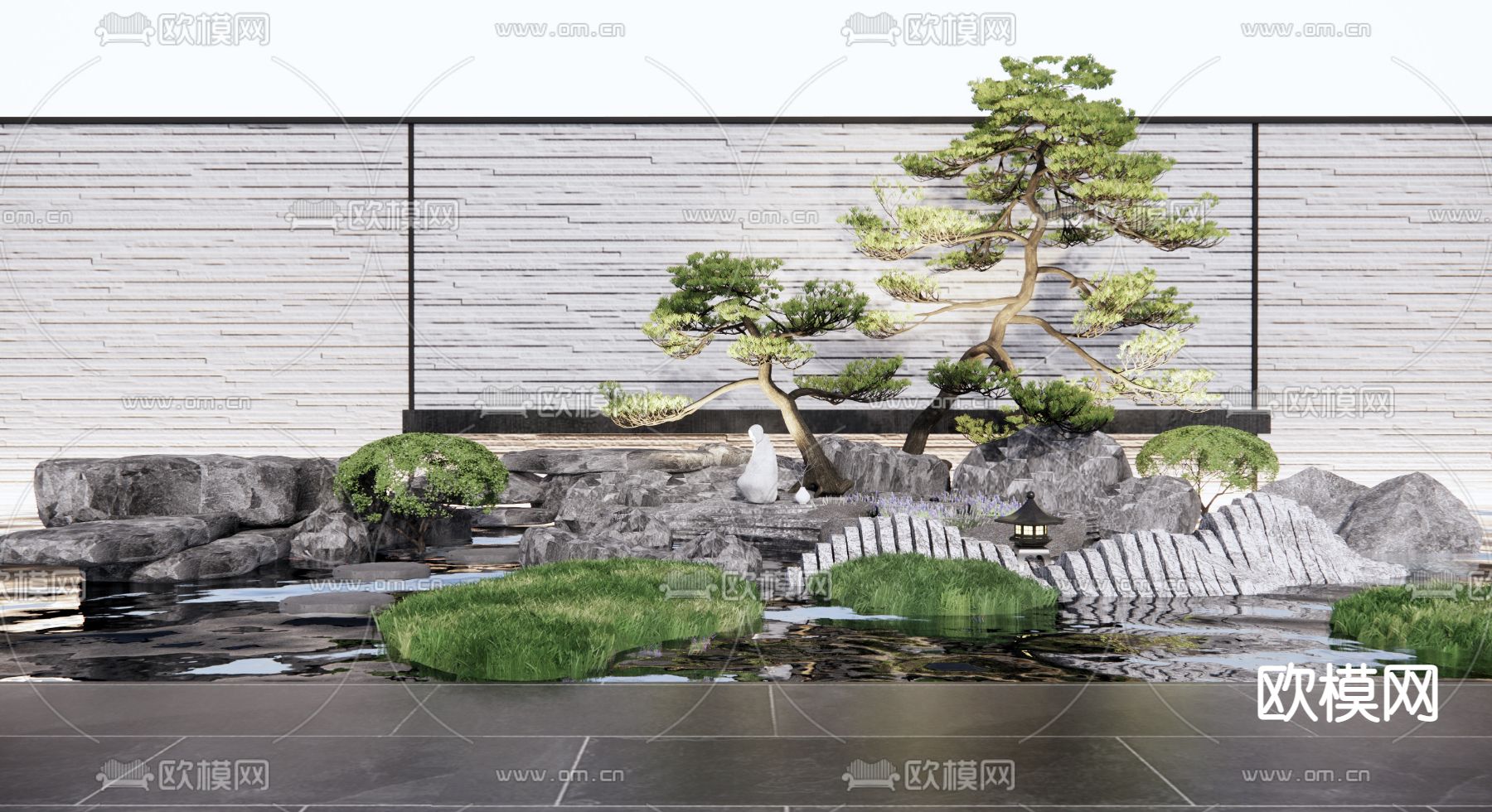 新中式假山水景su模型
