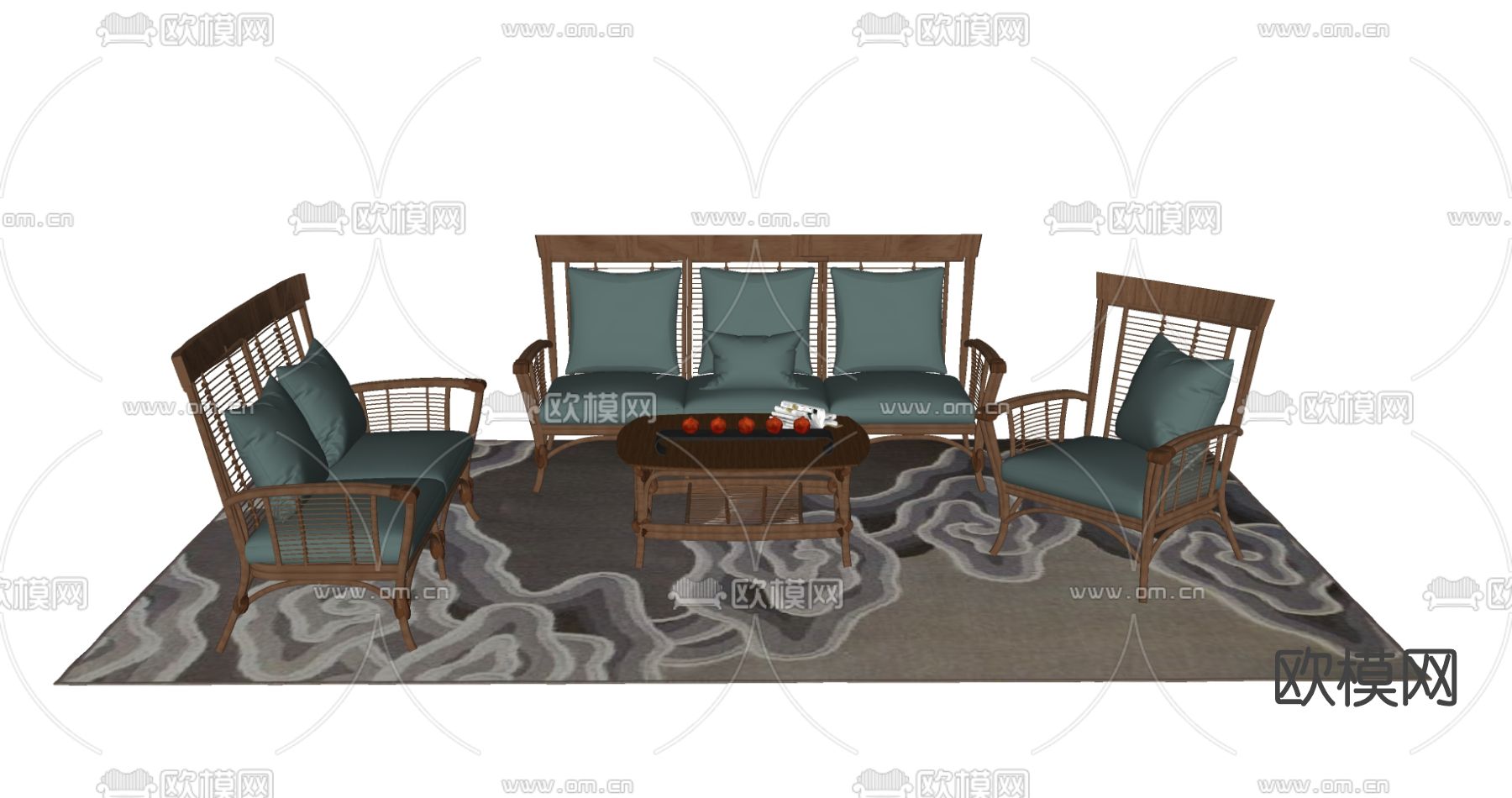 新中式实木沙发组合su模型下载（渲染图2）