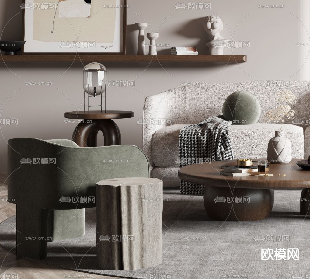 侘寂布艺沙发组合3d模型下载（渲染图2）