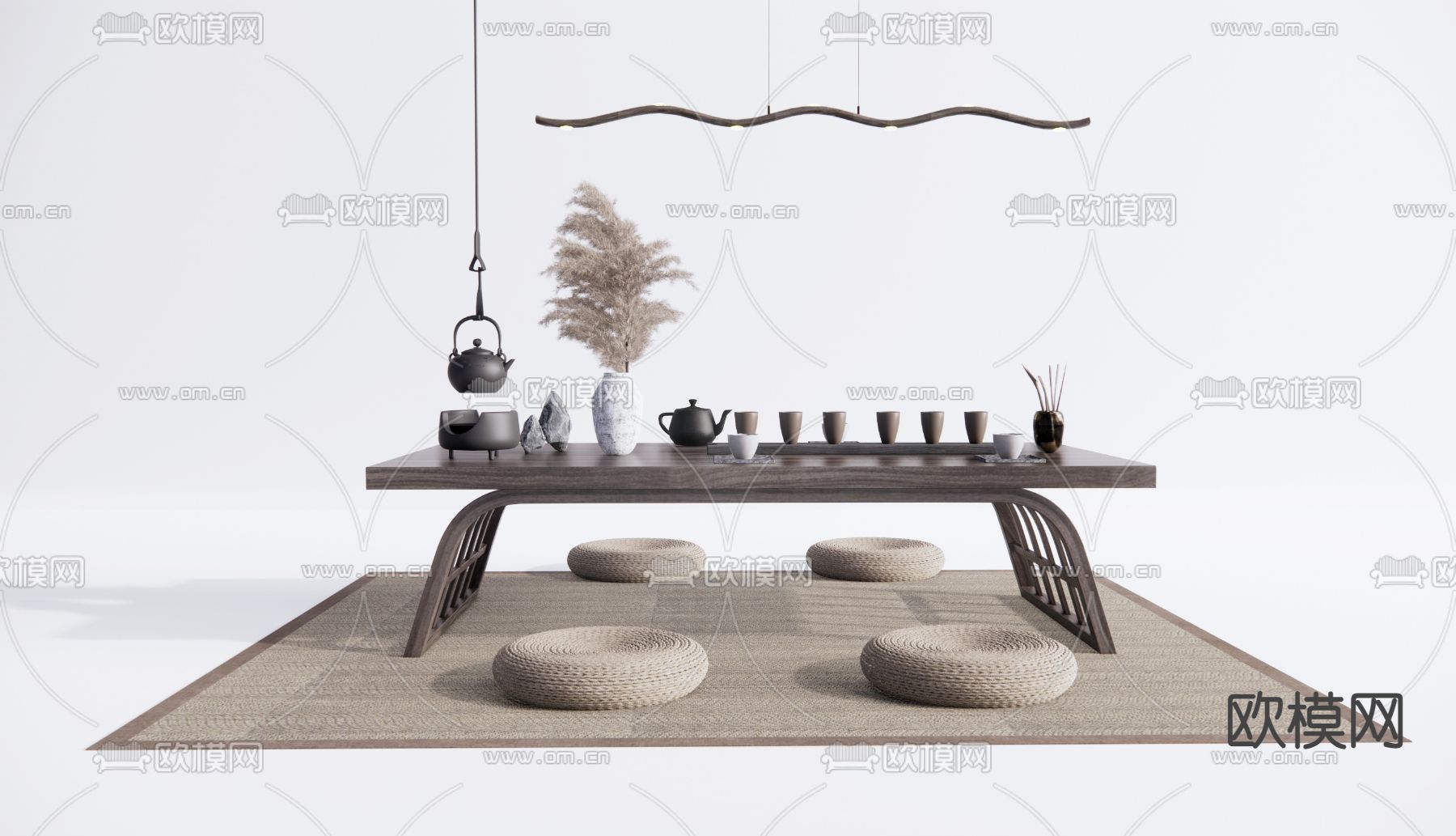 新中式榻榻米茶台su模型下载（渲染图1）