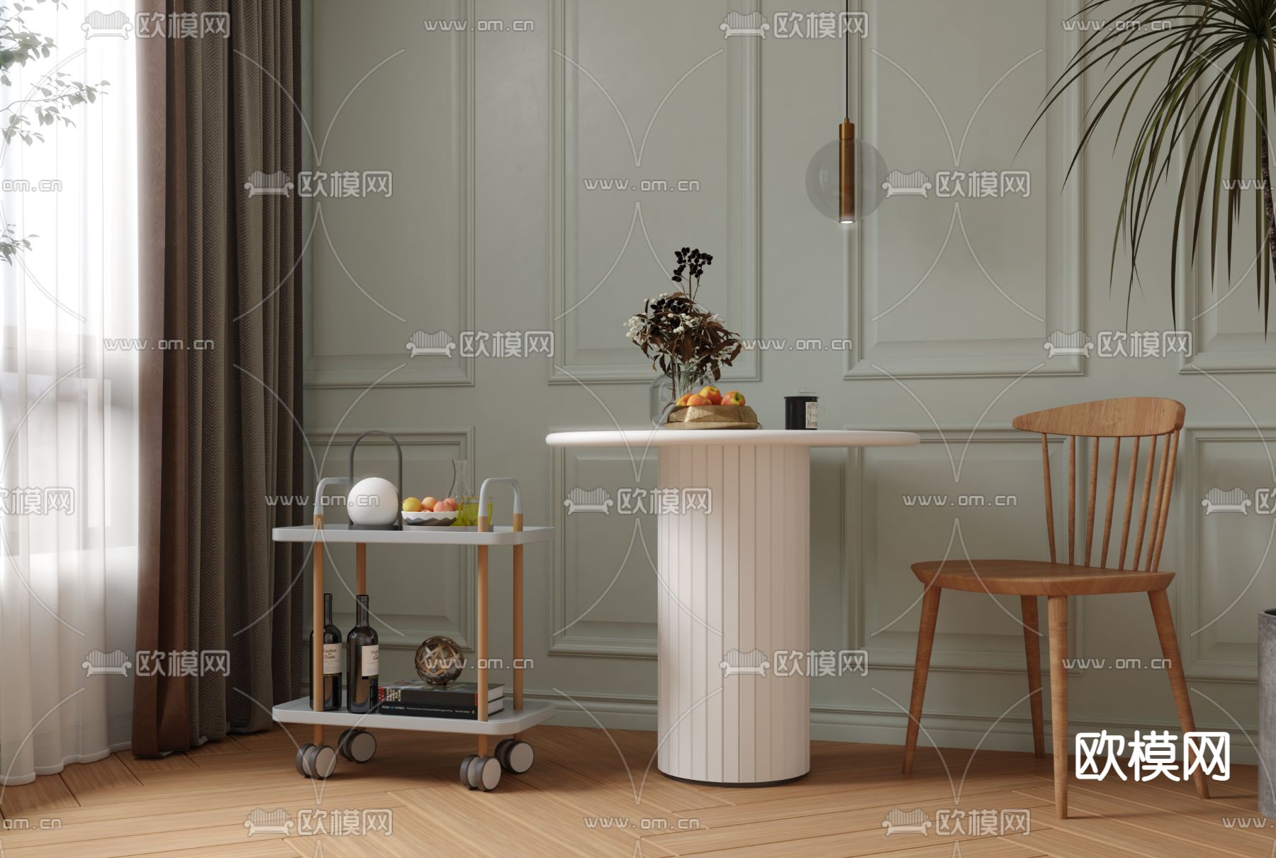 北欧实木手推餐车3d模型下载（渲染图1）