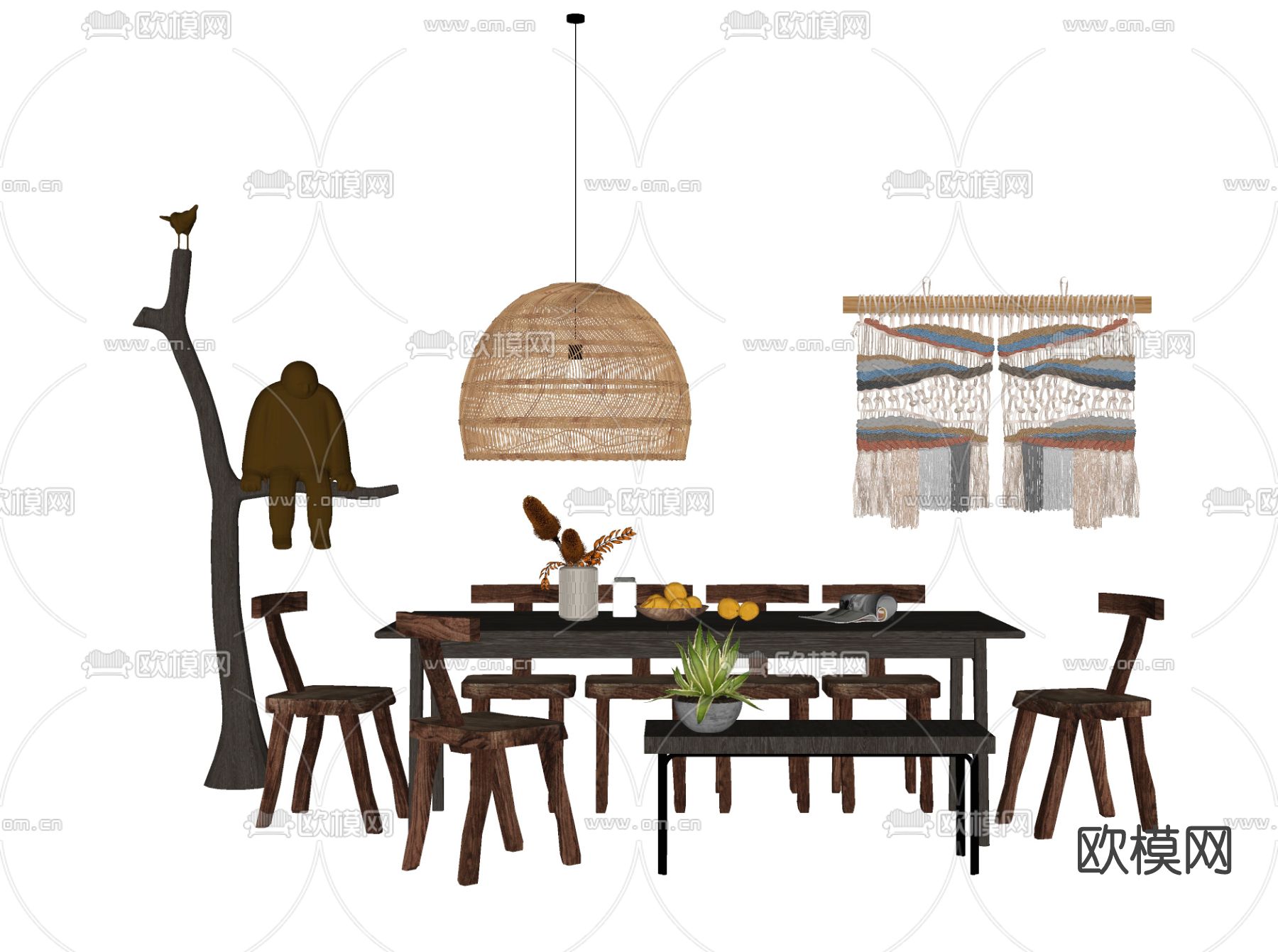 侘寂实木餐桌椅su模型下载（渲染图2）