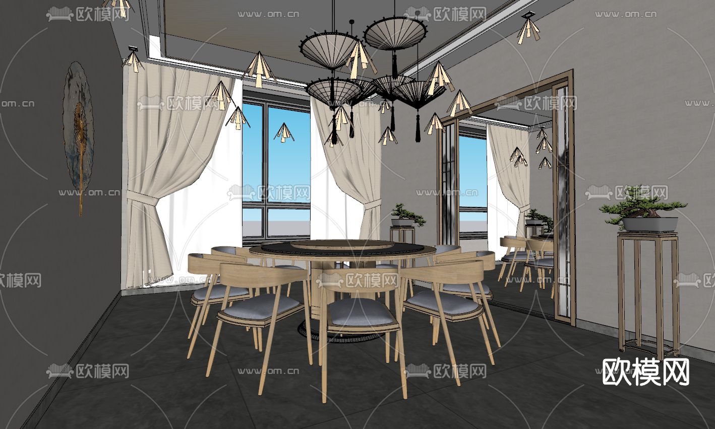 新中式餐厅包房su模型下载（渲染图4）