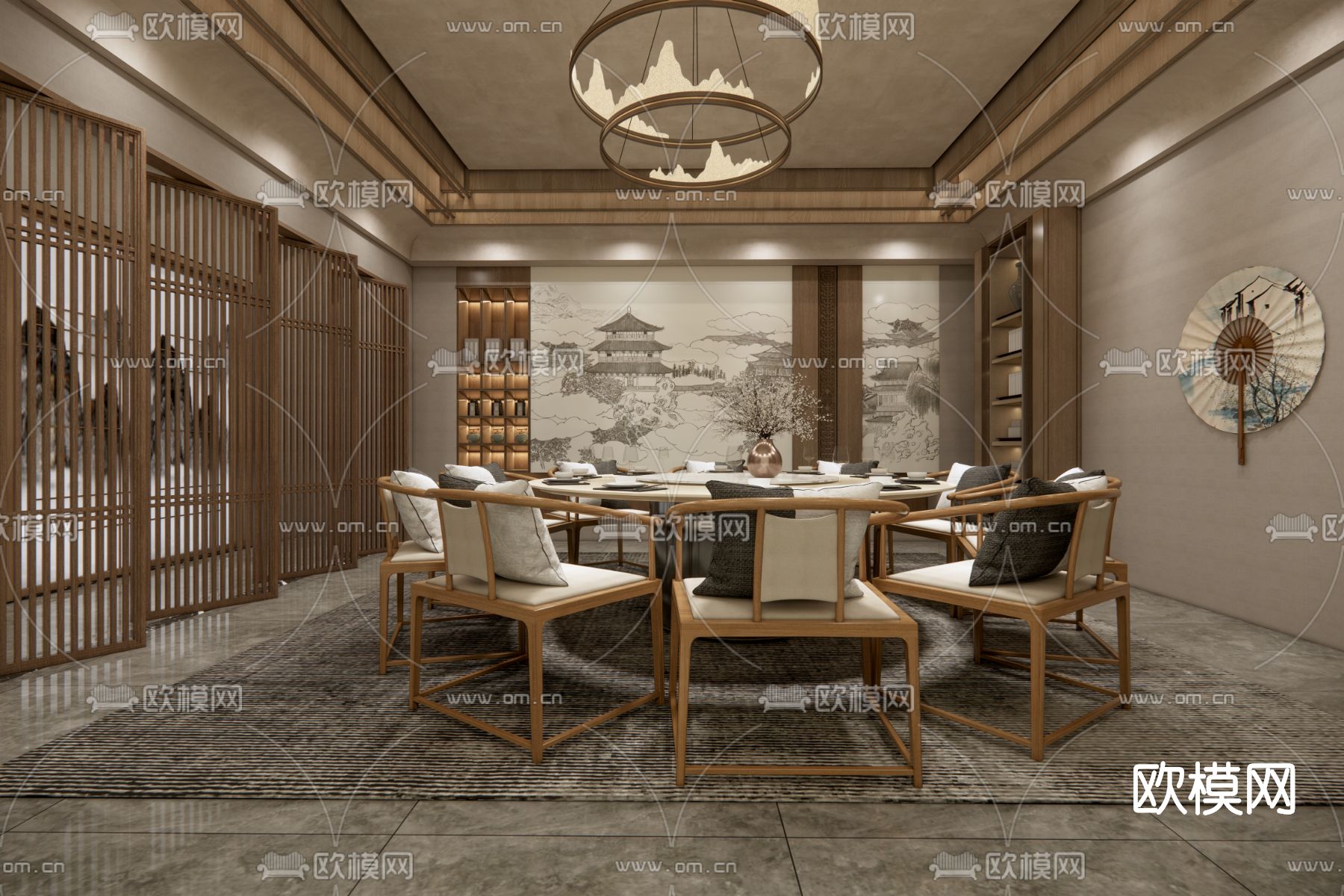 新中式餐厅包房su模型下载（渲染图3）