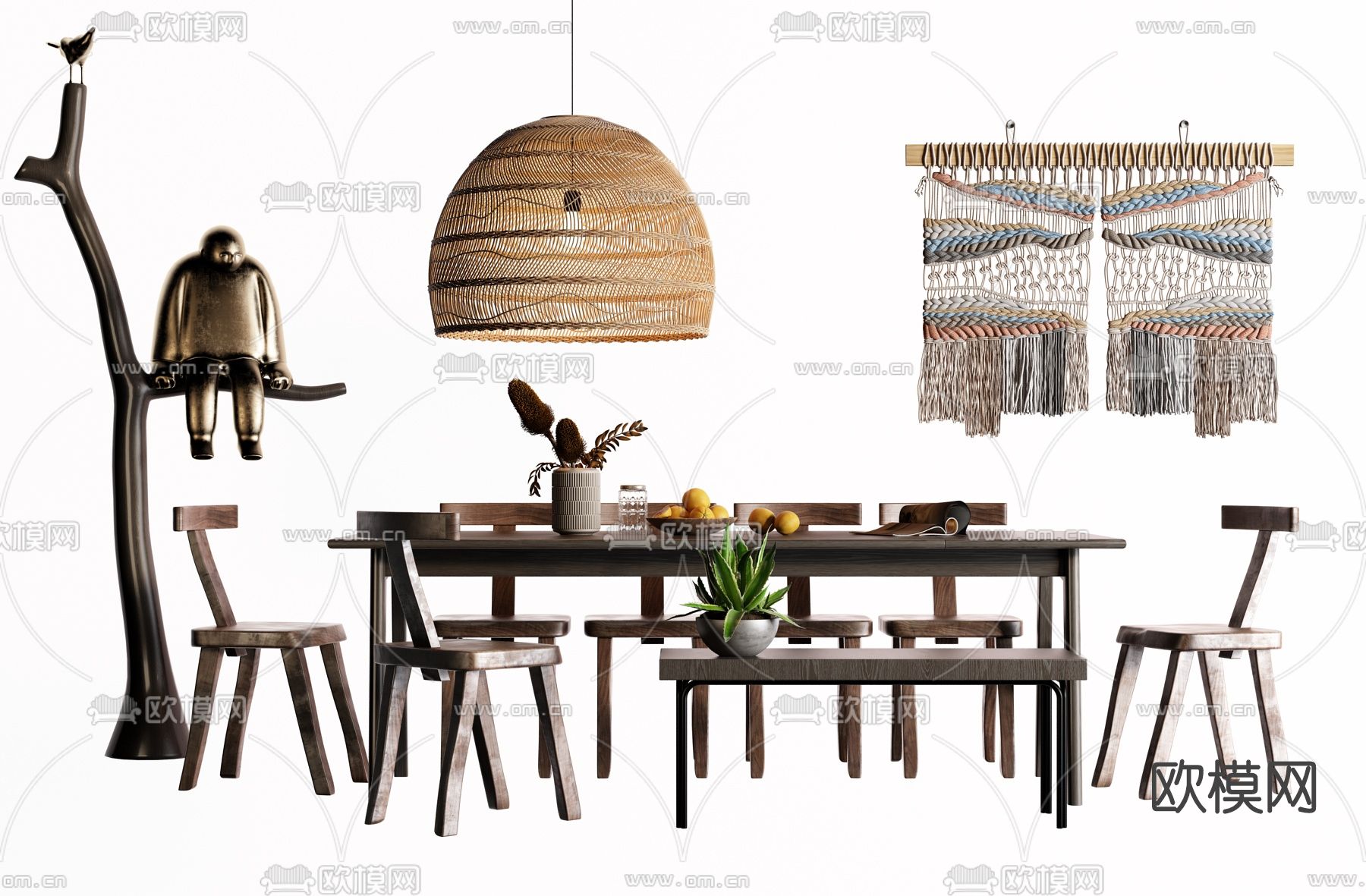 侘寂实木餐桌椅su模型下载（渲染图1）