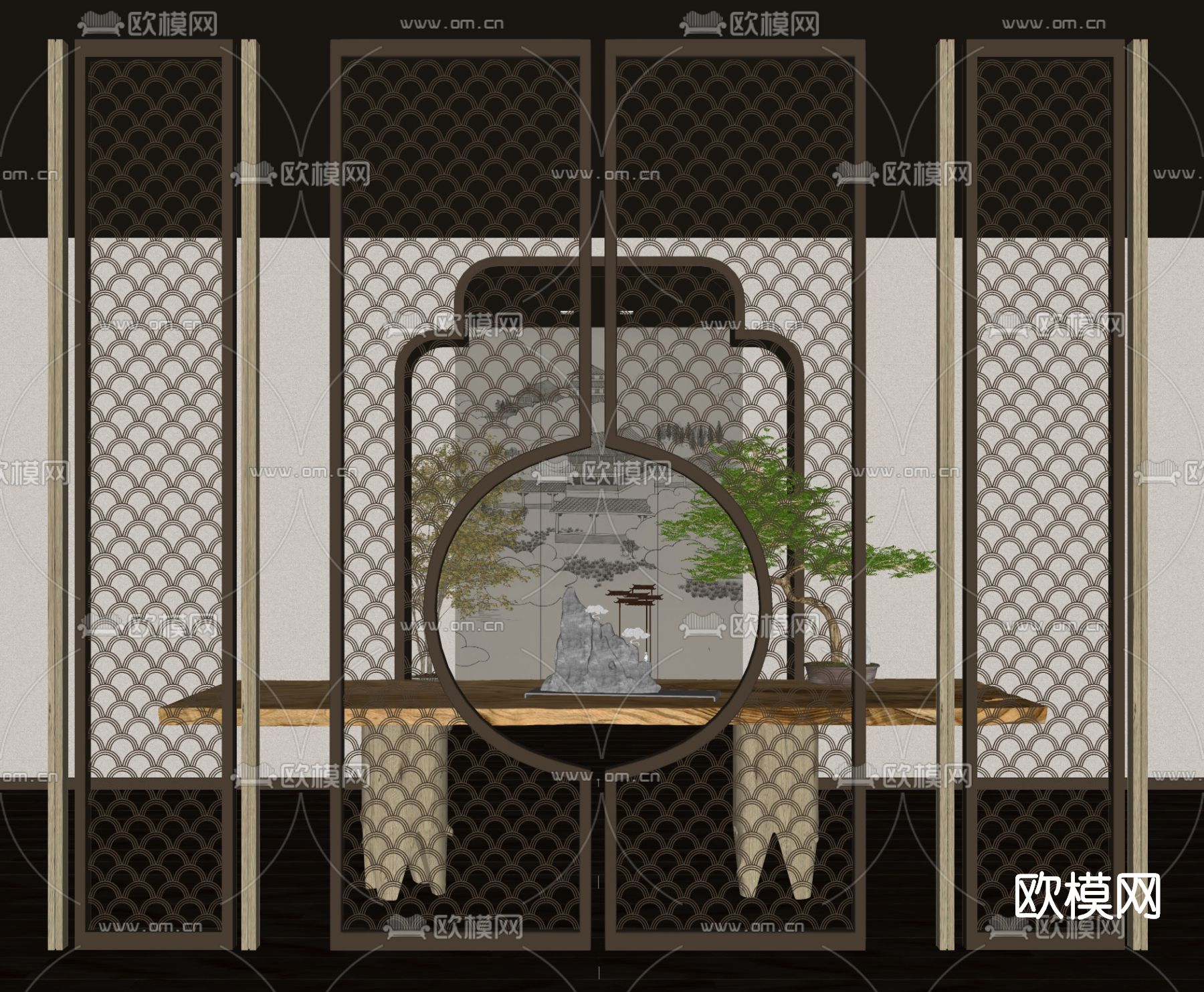 新中式屏风隔断su模型