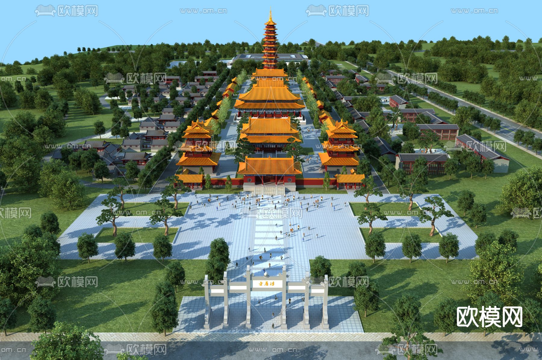 新中式古建寺庙鸟瞰3d模型下载