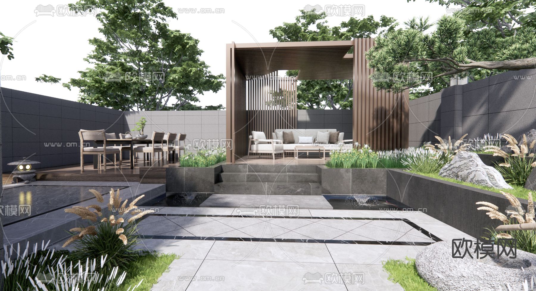 新中式庭院花园景观su模型下载（渲染图1）