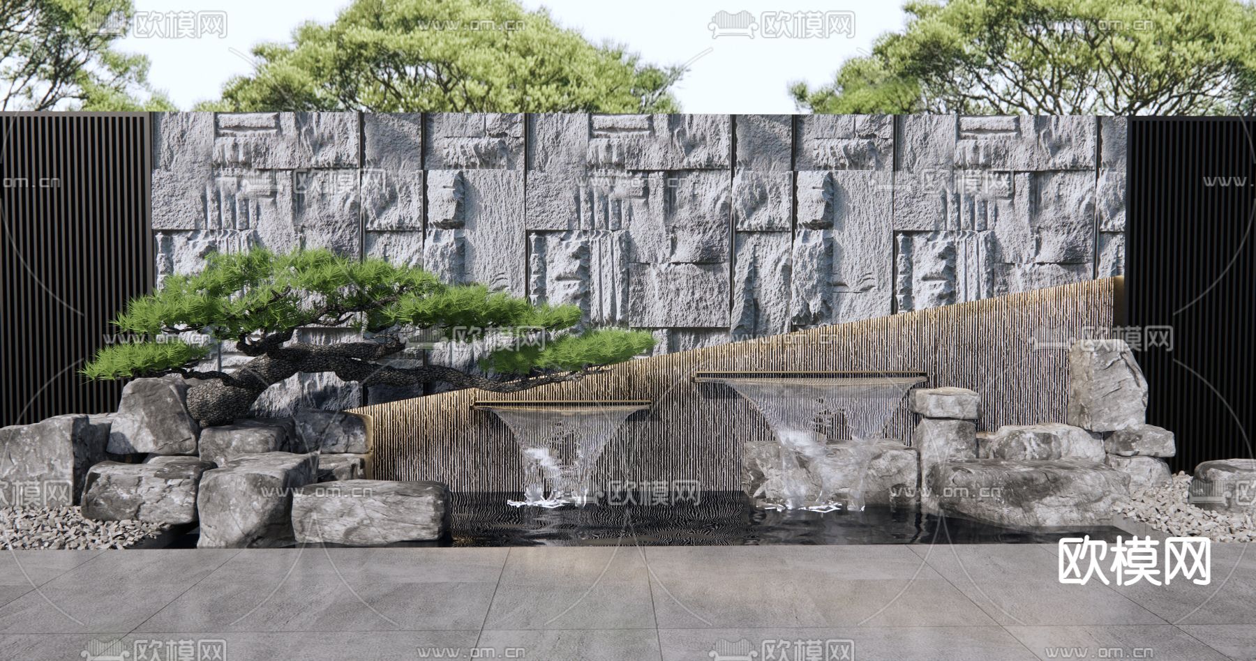 现代景墙叠水景观su模型