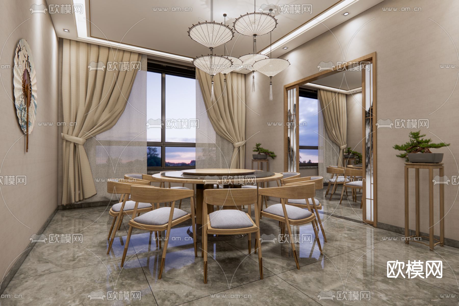 新中式餐厅包房su模型下载（渲染图1）