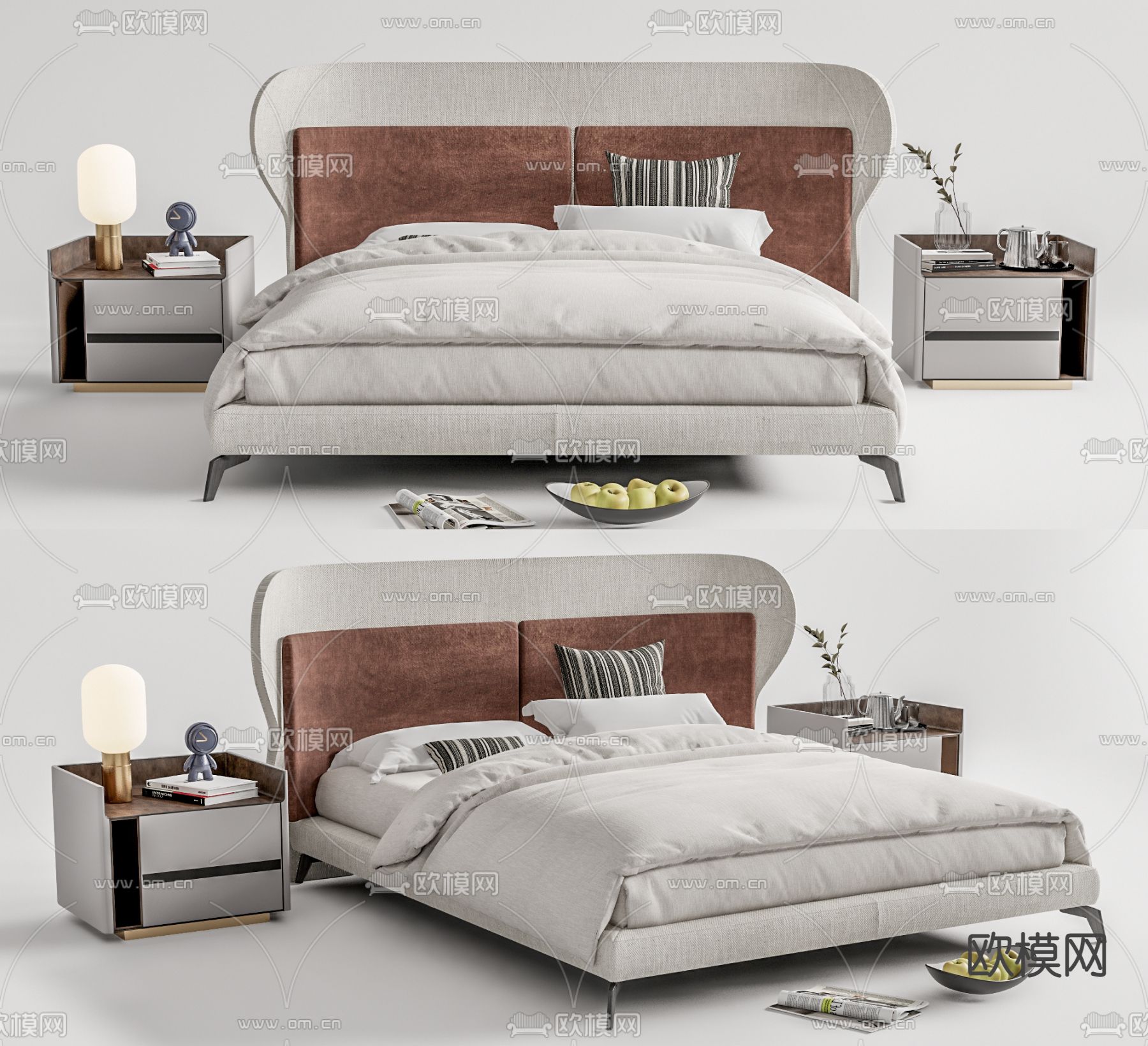 现代布艺双人床su模型下载（渲染图1）