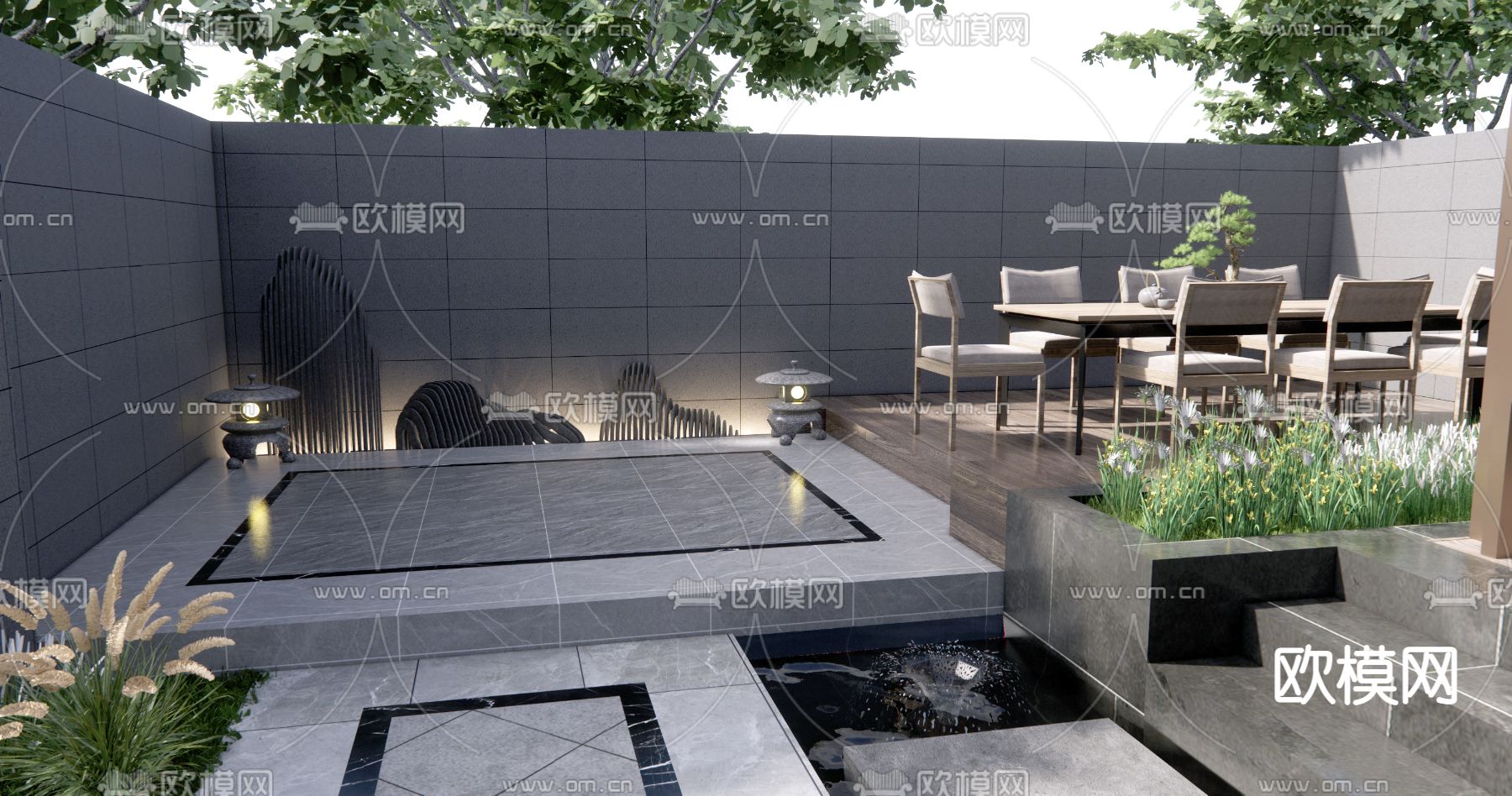 新中式庭院花园景观su模型下载（渲染图2）