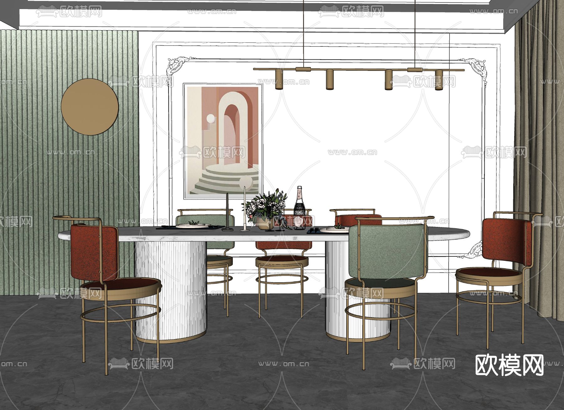 简欧大理石餐桌椅su模型下载