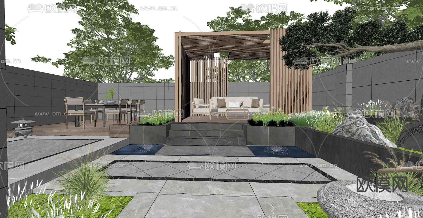 新中式庭院花园景观su模型下载（渲染图4）