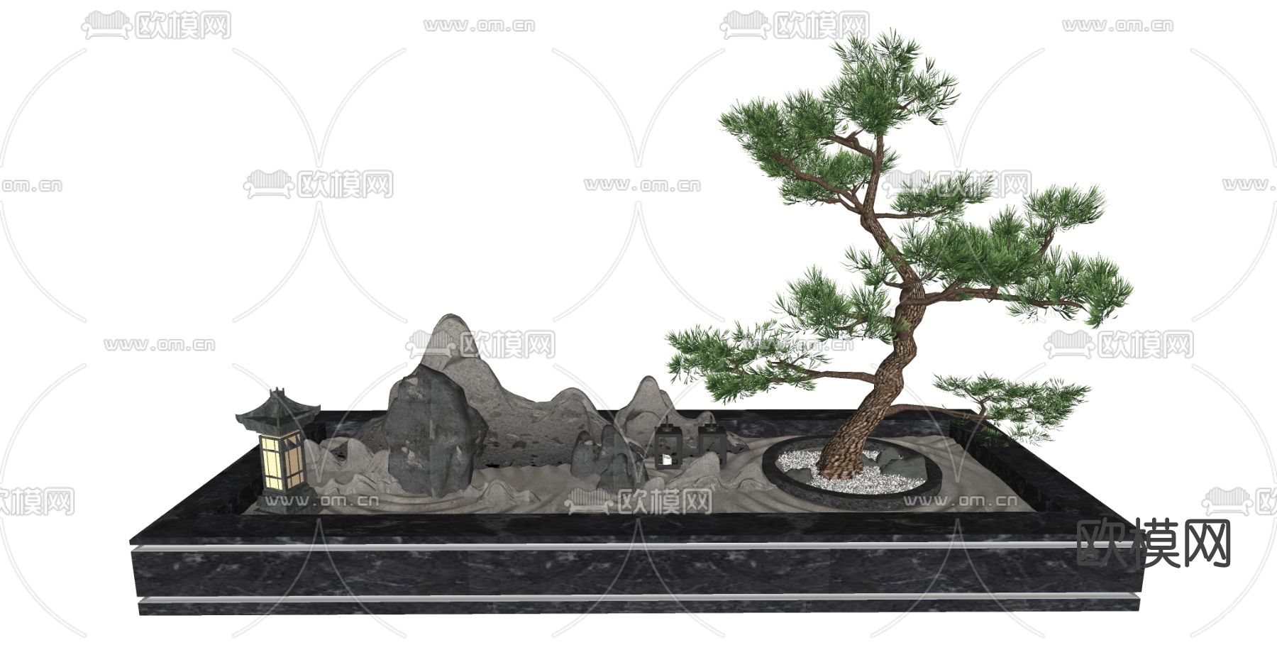 新中式假山松树小品su模型下载（渲染图2）