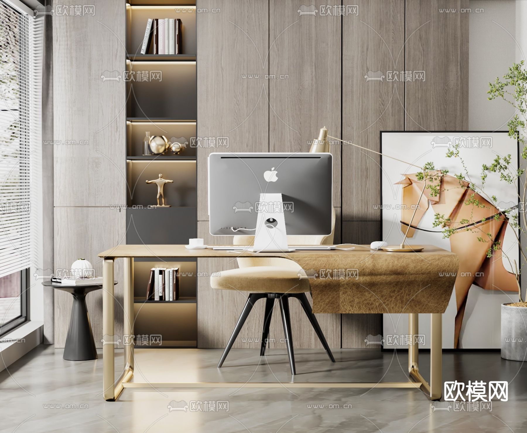 现代轻奢书桌椅3d模型下载