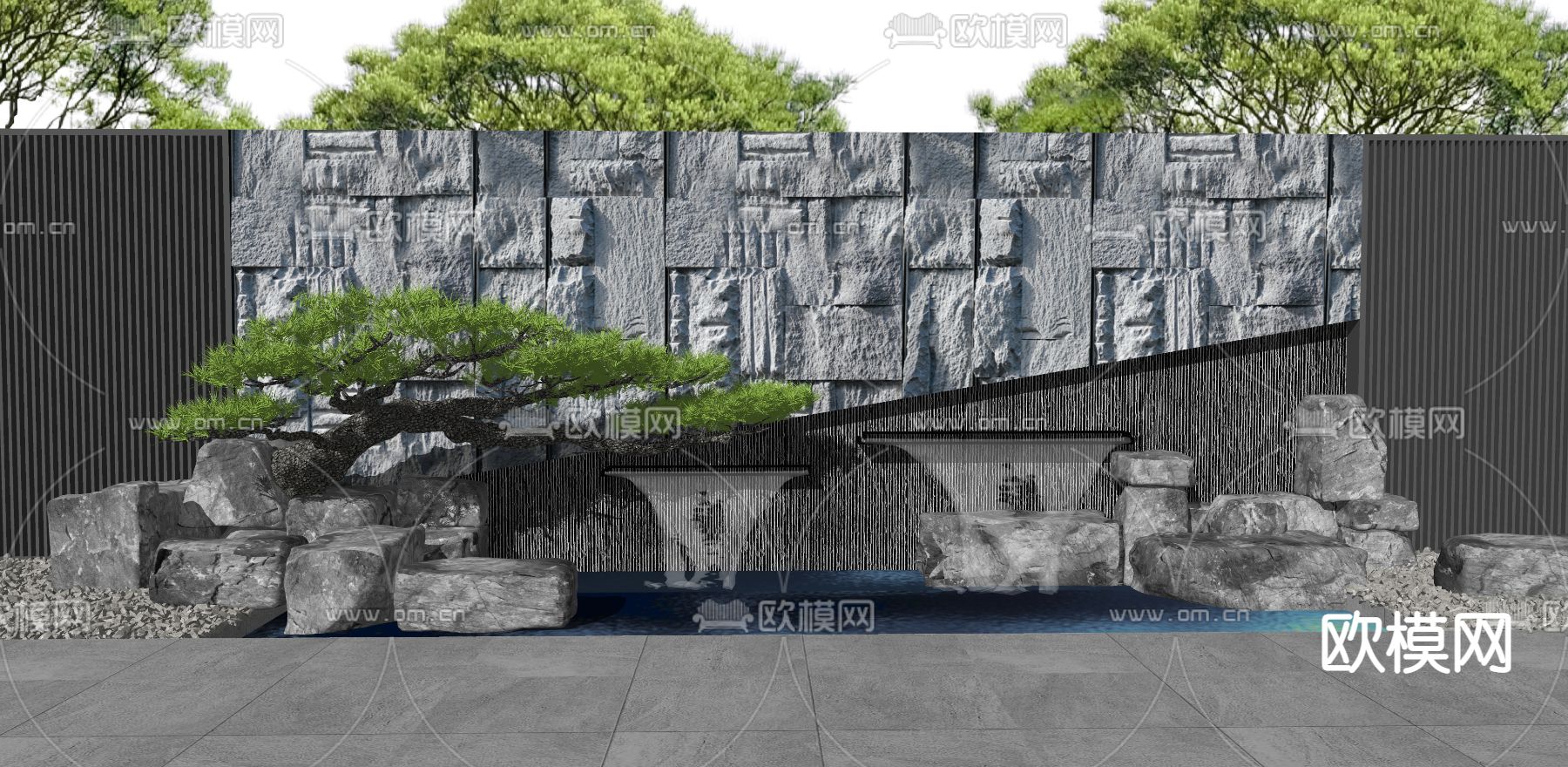 现代景墙叠水景观su模型