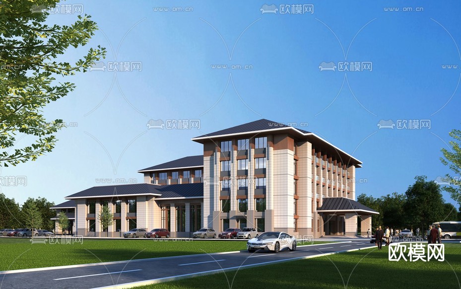 新中式酒店建筑外观3d模型下载
