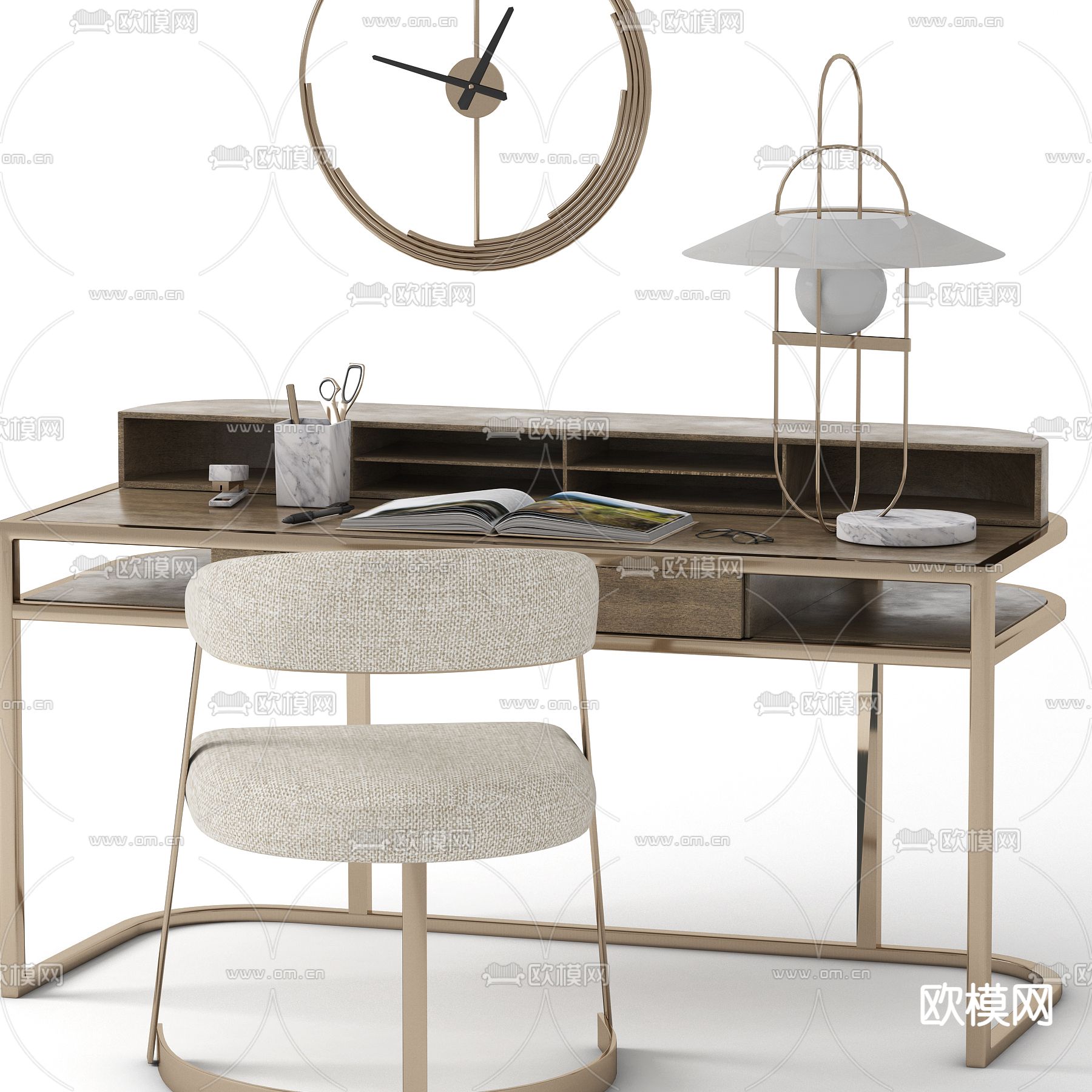 简欧书桌椅3d模型下载（渲染图2）