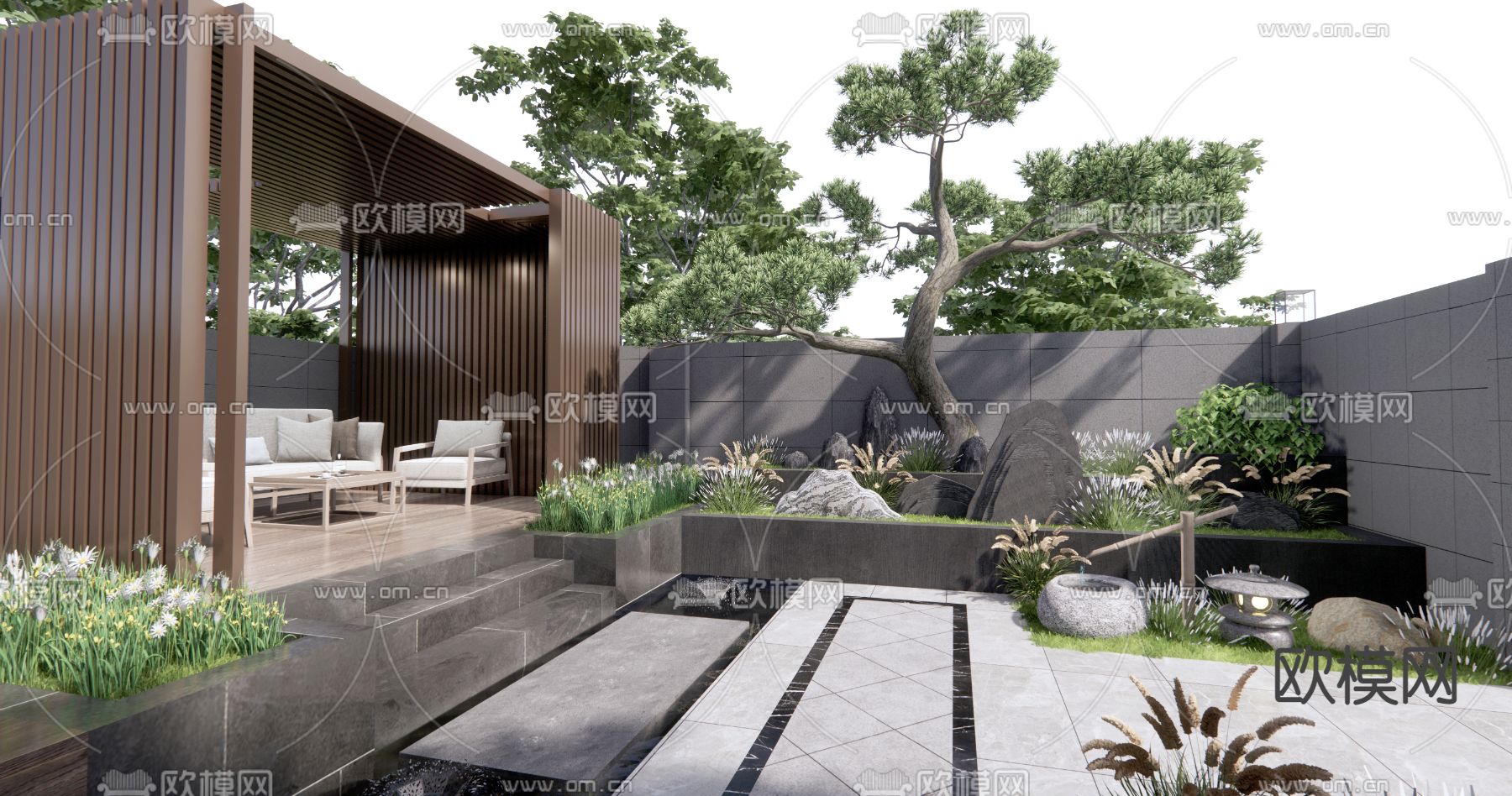 新中式庭院花园景观su模型下载（渲染图3）