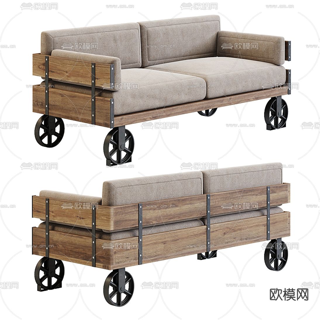 工业风布艺双人沙发3d模型下载（渲染图1）