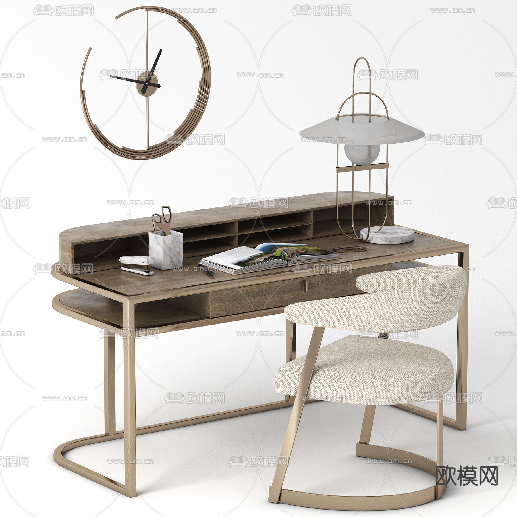 简欧书桌椅3d模型下载（渲染图1）