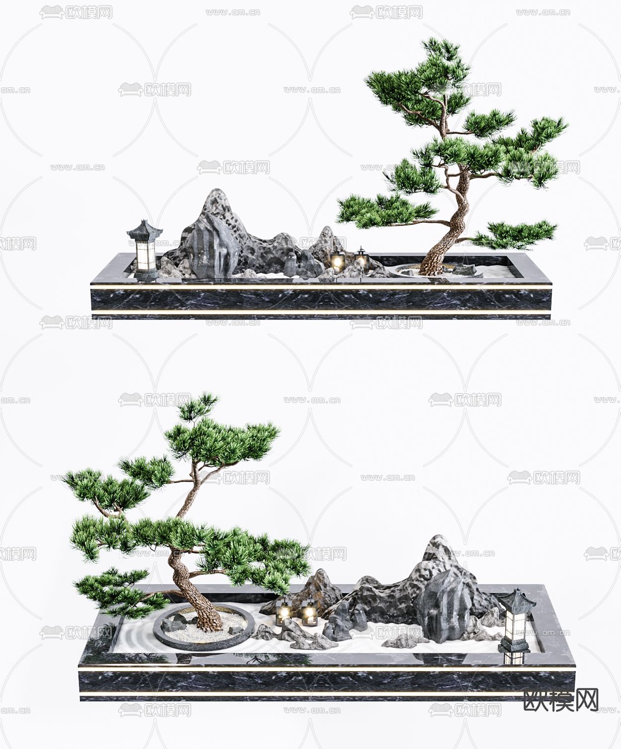 新中式假山松树小品su模型下载（渲染图1）