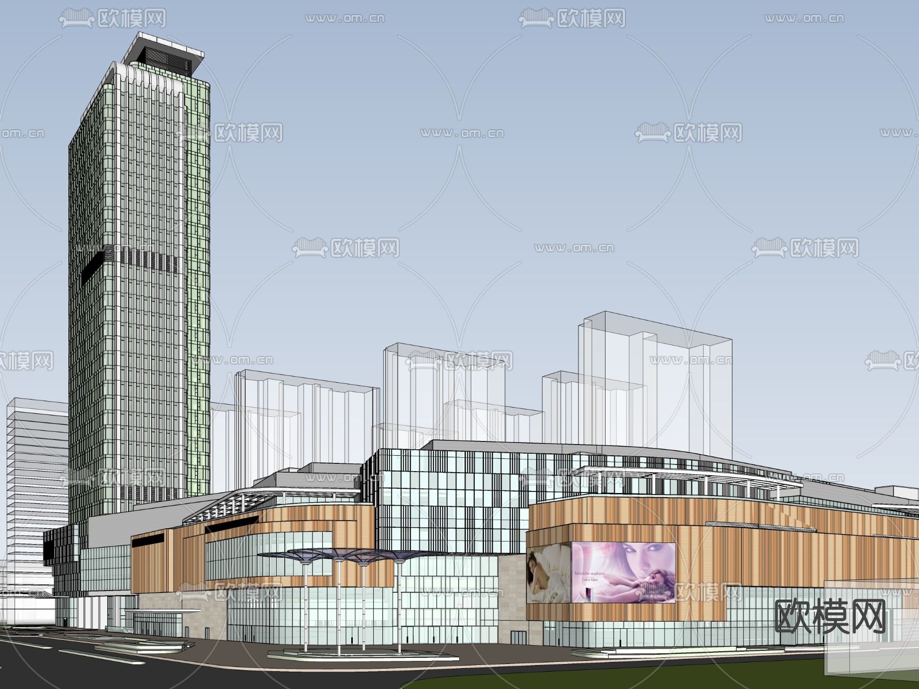 现代商业综合楼鸟瞰su模型下载（渲染图3）