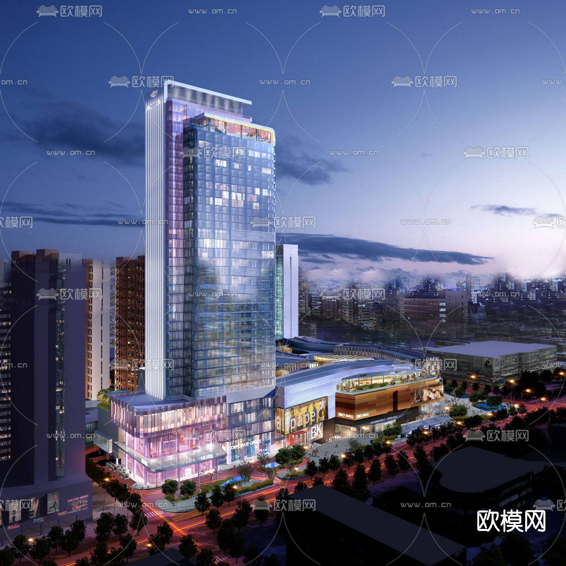 现代商业综合楼鸟瞰su模型下载（渲染图2）