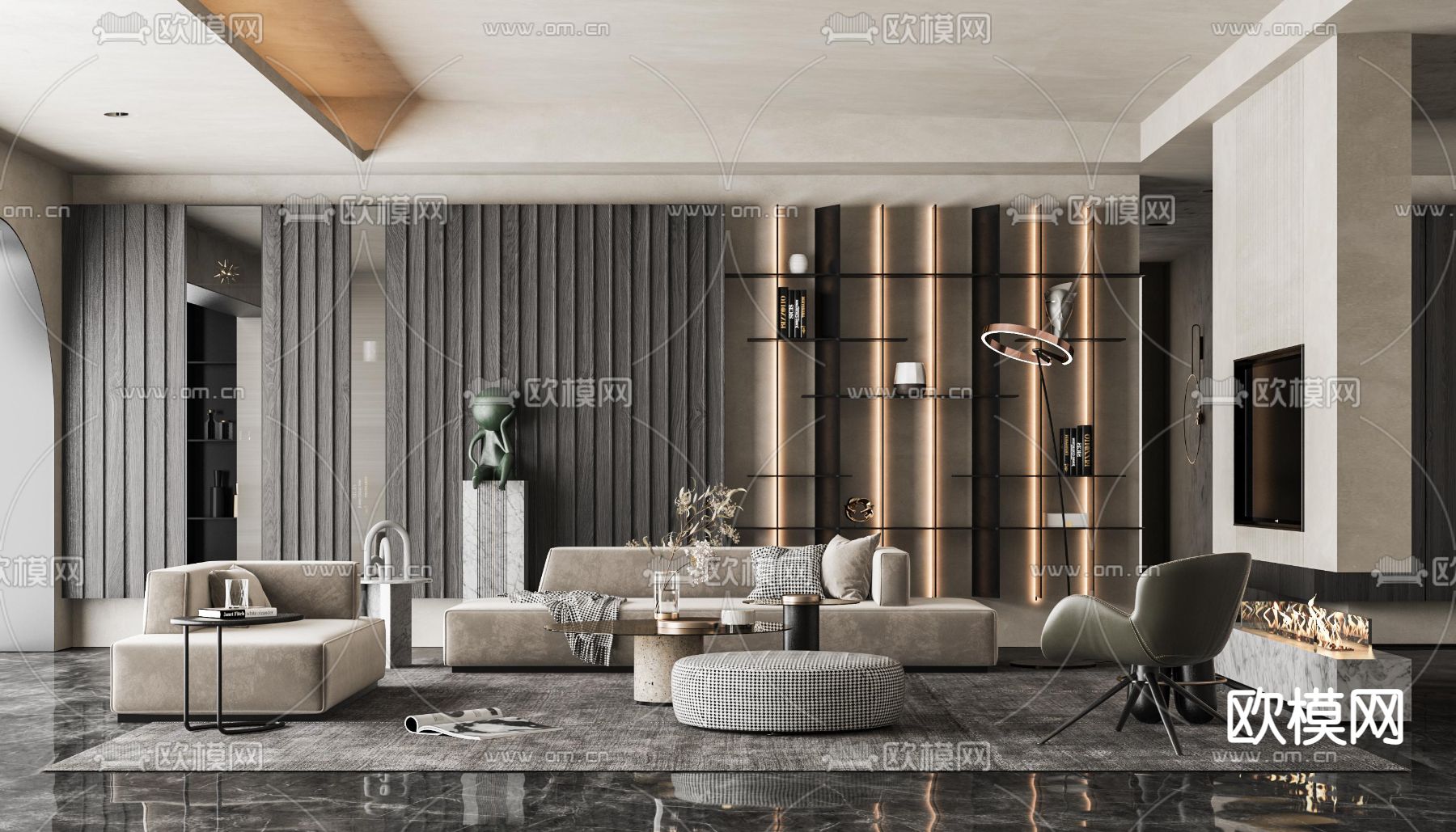 现代布艺沙发组合3d模型下载（渲染图1）