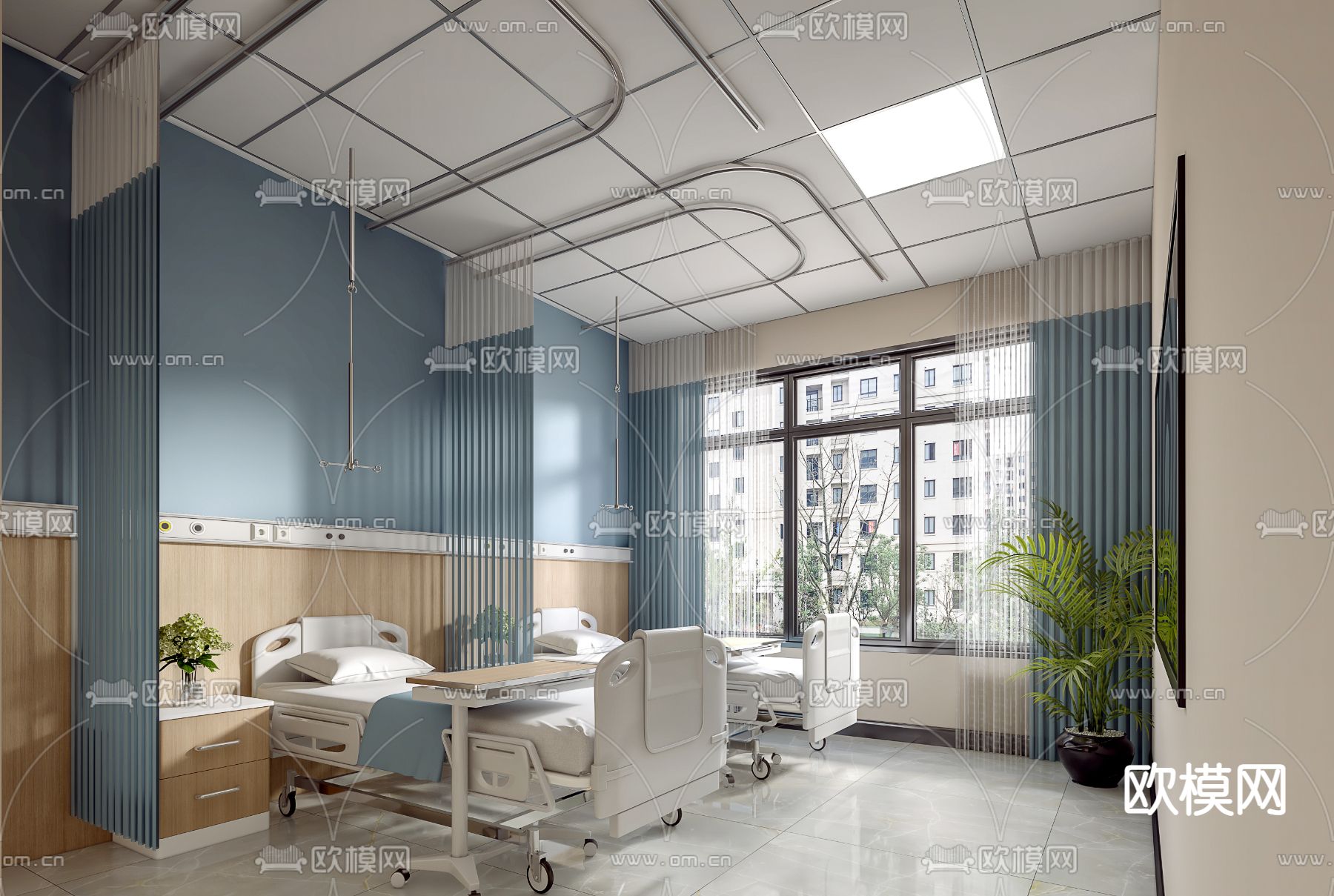 现代医院病房3d模型下载（渲染图1）