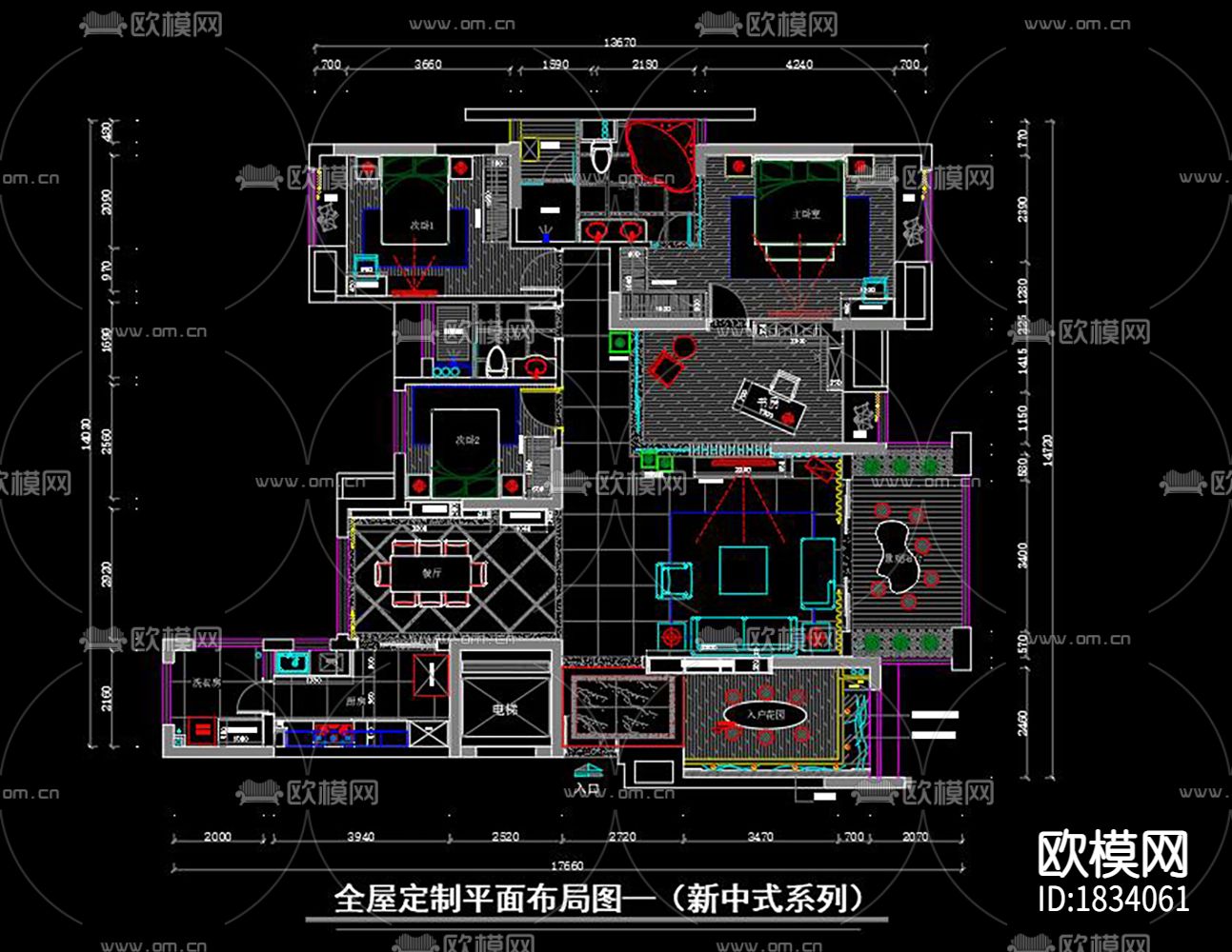 新中式家装cad施工图下载（渲染图1）